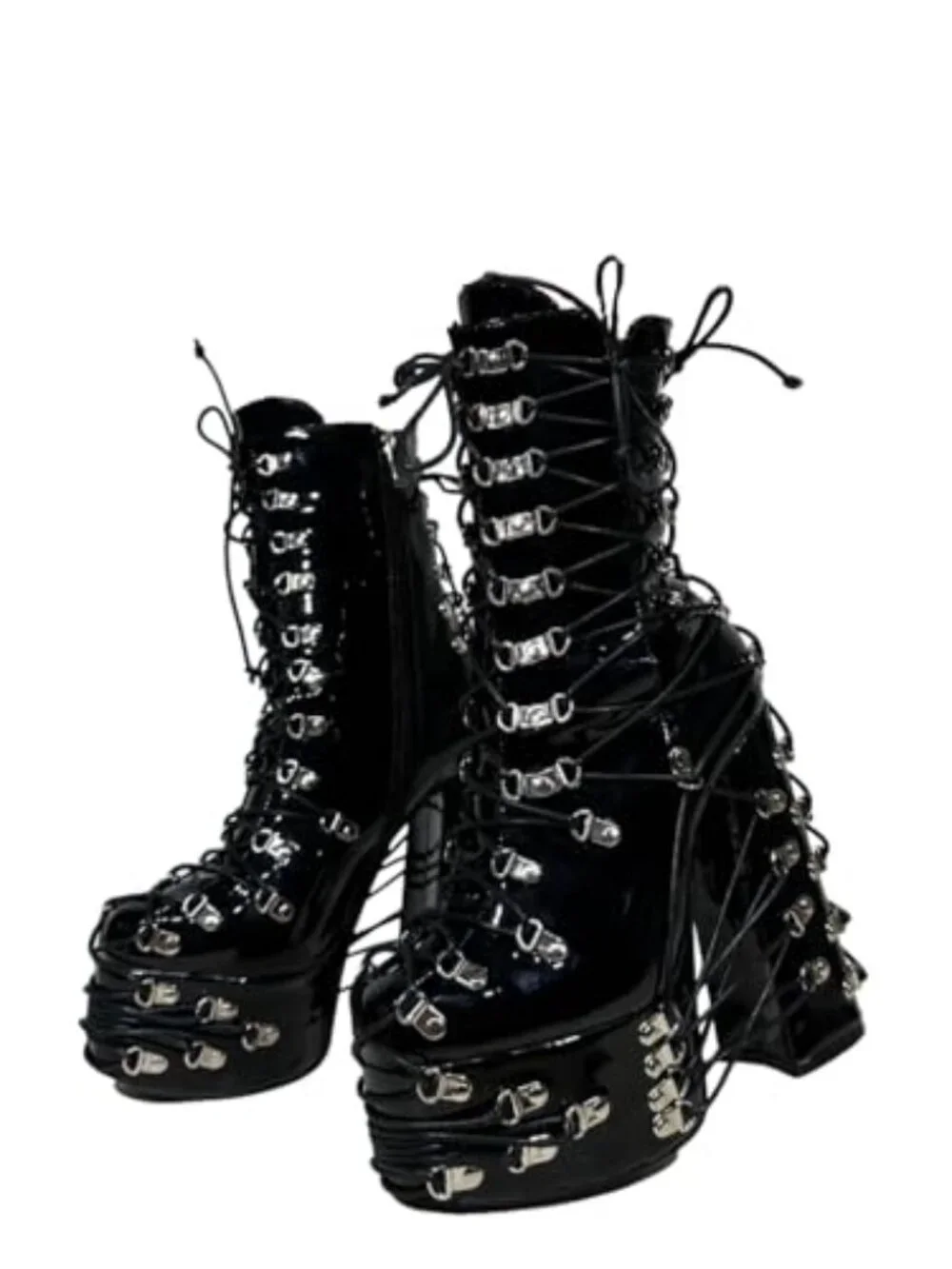 Handmade Goth Chunky Platform Lace Up Ankle Bootie, Zip Closure, Synthetic